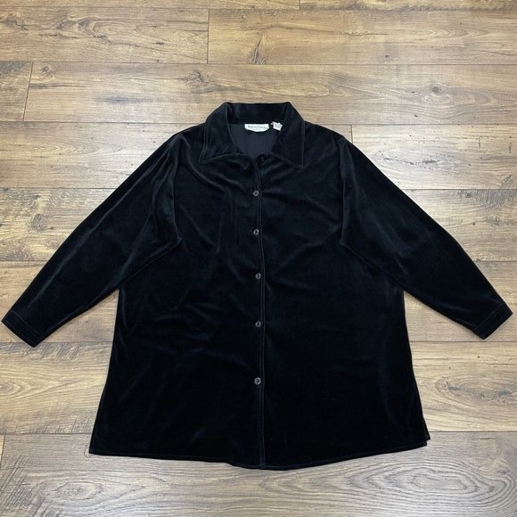Diane von Furstenberg‎ Tunic Top Womens 1X Black Velour Button Down Side Slit - Picture 1 of 11